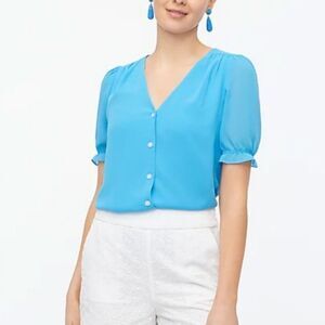 J.Crew Mediterranean Blue Turquois V Neck Button Front Puff Leeve Blouse EUC XS
